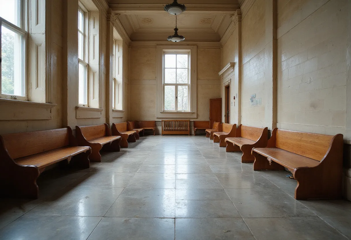 Florida misdemeanor defense attorney — an empty courthouse corridor with wooden benches